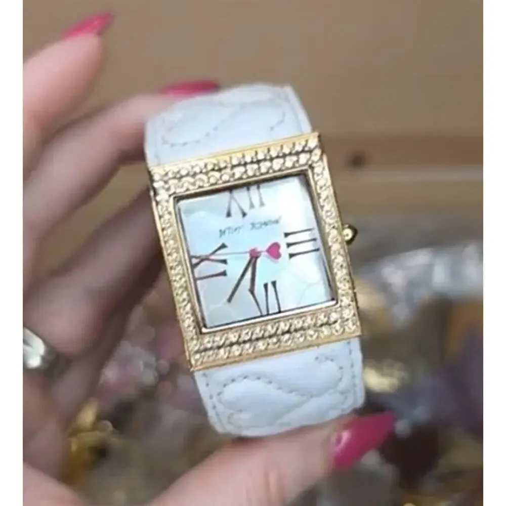 Betsey Johnson Cuff Watch Quilted Leather White Gold Mother of Pearl Dial
